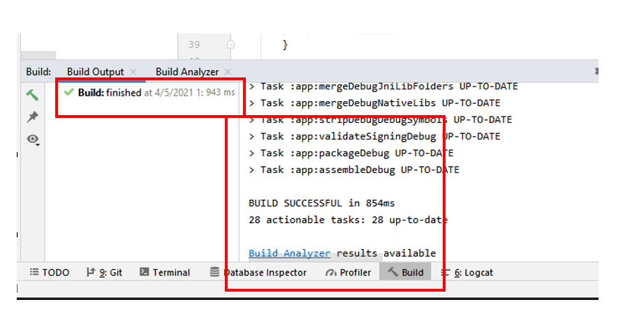 Android Studioでの正常なビルドを示すスクリーンショット